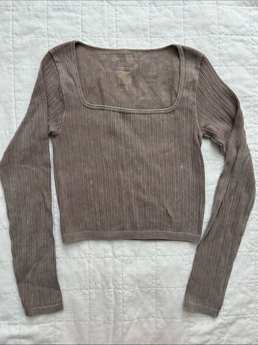 Square-Neck Ribbed Long Sleeve Top - Taupe